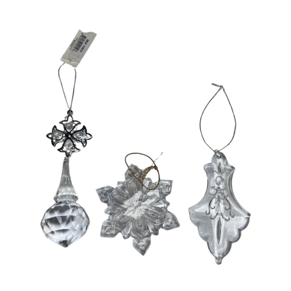Christmas Ornaments Crystal Clear Glass Plastic Set of 3 Hanging Holiday Decor